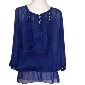Daniel Rainn Women’s Small Sheer Blue Blouse With Tank Embroidered Tasseled Boho